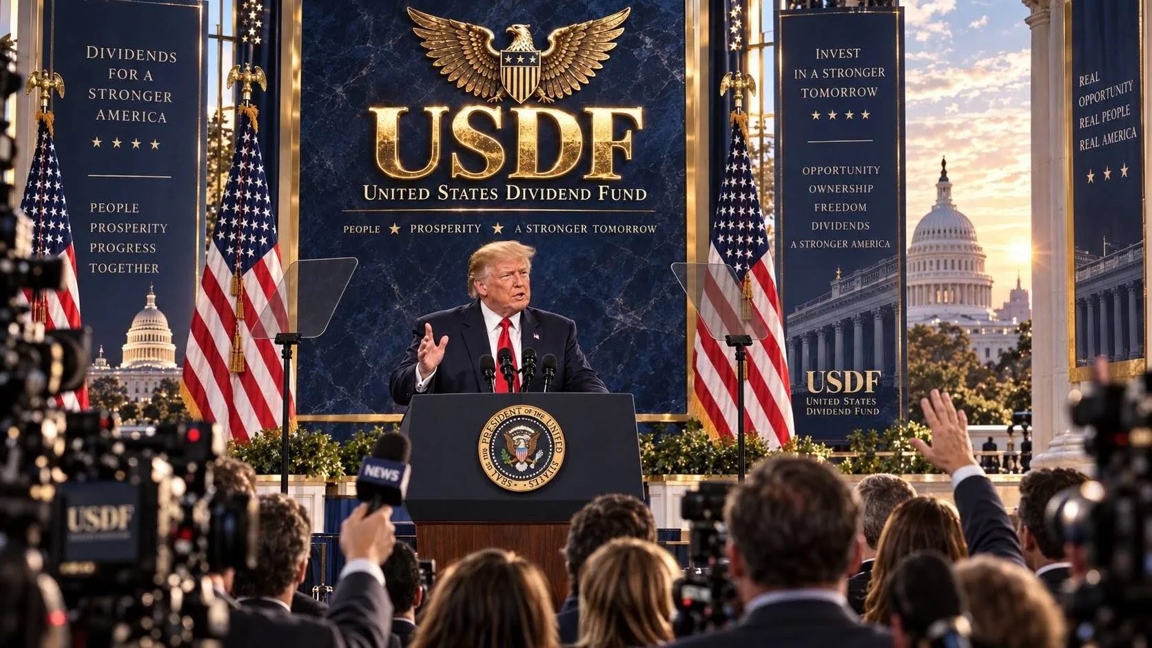 President Donald Trump speaking at a USDF-themed press conference
